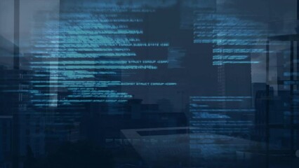 Poster - Animation of computer language moving over modern buildings