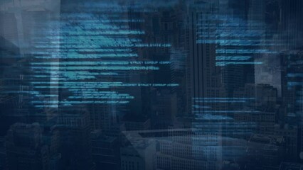 Poster - Animation of programming language moving over modern buildings
