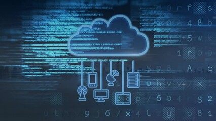 Poster - Animation of computer language and cloud with icons over modern buildings