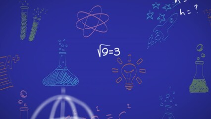 Poster - Animation of mathematical equations, chemistry and physics drawings over blue background
