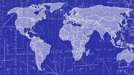 Poster - Animation of map over mathematical equation and diagrams against blue background