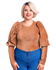 Wall Mural - Young blonde plus size woman wearing casual sweater with a happy and cool smile on face. lucky person.