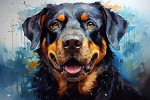 Rottweiler Dog On A Background Of Blue Sky With Clouds, Watercolor Drawing