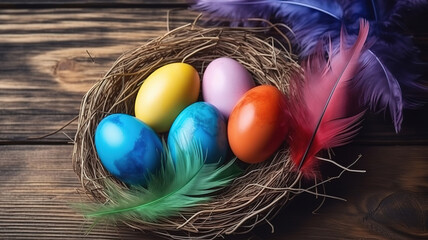 Wall Mural - Colorful Rainbow Easter eggs, feathers in a nest on wooden background. Generative Ai