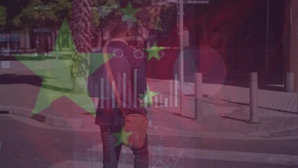 Poster - Animation of graphs, loading bars, china flag, biracial man using smartphone while crossing street