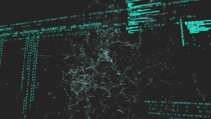 Poster - Animation of computer language and connected dots over black background