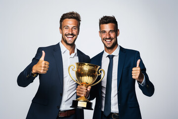 two businessman holding a trophy celebrating successful business achievement