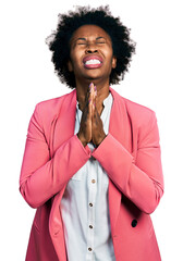 Poster - African american woman with afro hair wearing business jacket begging and praying with hands together with hope expression on face very emotional and worried. begging.