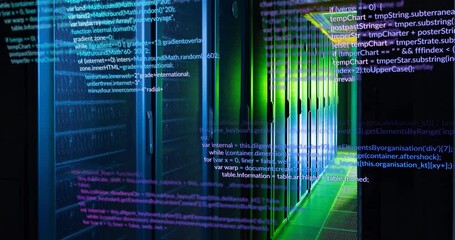 Poster - Animation of multicolored computer programming language over data server room