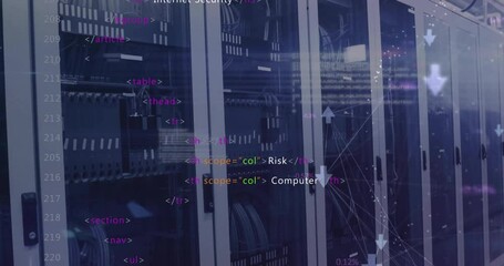 Poster - Animation of connected arrows and computer language over data server racks in server room
