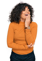 Poster - Young hispanic woman wearing casual clothes bored yawning tired covering mouth with hand. restless and sleepiness.