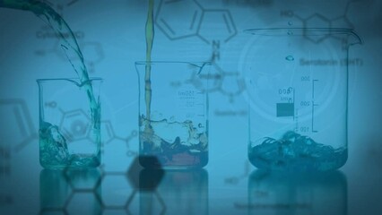 Poster - Animation of molecule structures over chemical falling in laboratory flasks against blue background