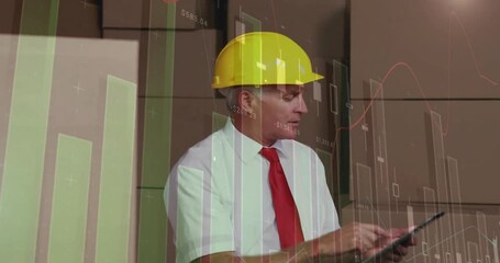 Poster - Animation of multiple graphs over caucasian manager wearing helmet using digital tablet in warehouse