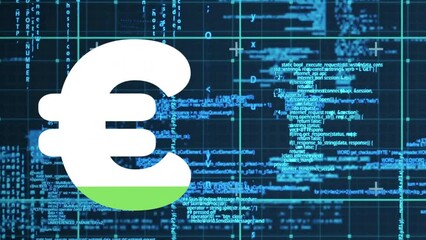Poster - Animation of loading euro sign over computer programming language over black background