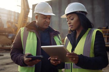 Two Specialists Construction Inspection of Industrial Buildings. Real estate design with construction engineer, investor using tablet. Construction in the background, a skyscraper.generative ai