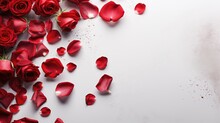 Beautiful Red Roses And Petals On Light Grey Background, Above View