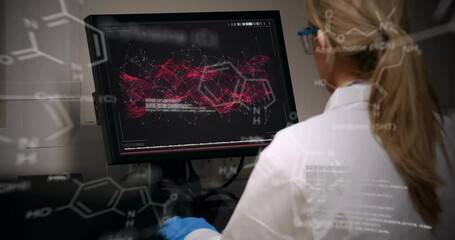 Wall Mural - Animation of data processing over caucasian female scientist in laboratory