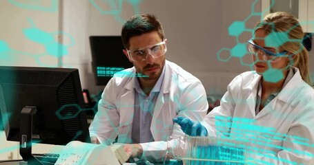 Poster - animation of data processing over caucasian male and female scientist in laboratory