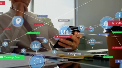 Poster - Animation of network of connections with icons over caucasian businessman using smartphone