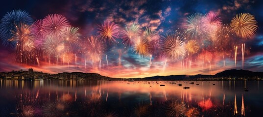 Wall Mural -  A breathtaking panorama of Vibrant Fireworks. Generativ AI.