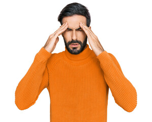 Sticker - Young hispanic man wearing casual clothes with hand on head for pain in head because stress. suffering migraine.