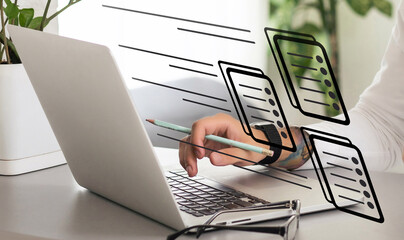 Leinwandbilder - business technology hologram business icon virtual screen. A man typing hologram screen. technology virtual screen laptop, document, cloud office storage.