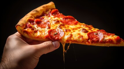 Wall Mural - Closeup man hand holding slice of pepperoni pizza on isolated dark background