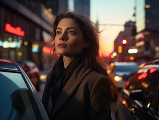 Wall Mural - A woman standing in the middle of a busy city street. Generative AI.