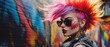 A woman with colorful hair and sunglasses in front of a graffiti wall. Generative AI.