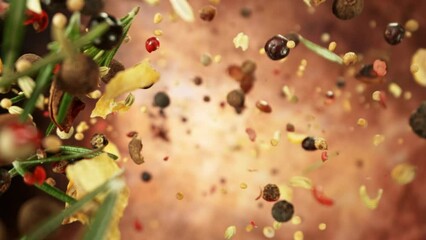 Poster - Super Slow Motion of Falling and Rotating Spices Mix. Filmed on High Speed Cinema Camera, 1000 fps.