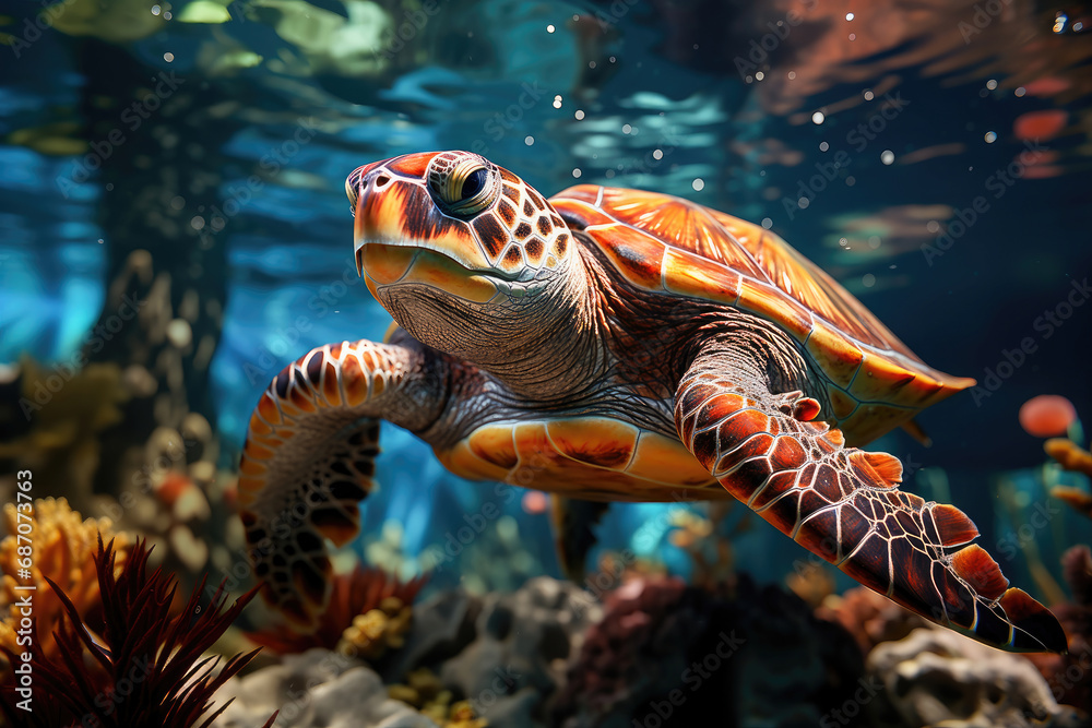 Stunning image of a sea turtle swimming above a coral reef in clear ...