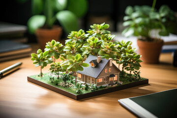 A miniature house model surrounded by green plants on a well-organized office desk.