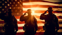 Silhouettes of a soldier in front of the American flag. Veterans Day.