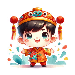 watercolor chinese new year Kids Celebrating Chinese new year Lunar collection cute boy and girl