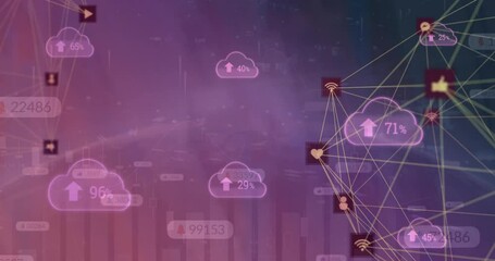 Poster - Animation of data processing, cloud icons over network of connections