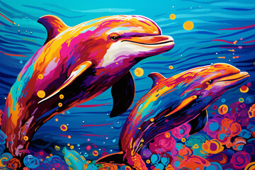 Wall Mural - Pop Art Dolphins: Lessons in Marine Life Patterns.