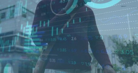 Poster - Animation of financial data processing over african american businessman using smartphone