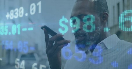 Poster - Animation of financial data processing over african american businessman using smartphone