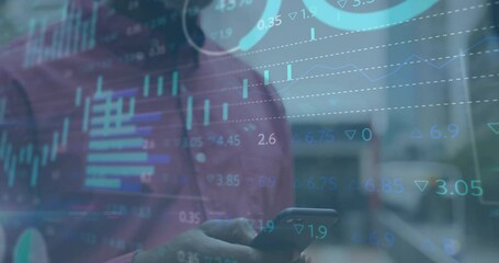 Poster - Animation of financial data processing over african american businessman using smartphone