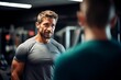 a one-on-one personal training session in a gym, captured through a close-up portrait