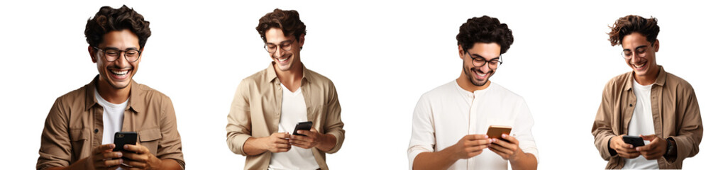 Set happy smiling man using mobile phone for texting or talking isolated on transparent white background, concept of social networks and modern communication