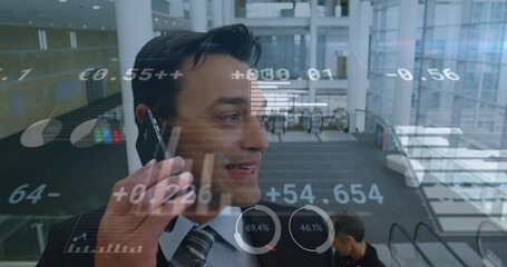 Poster - Animation of financial data processing over biracial businessman using smartphone