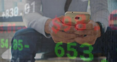 Poster - Animation of financial data processing over caucasian businessman using smartphone