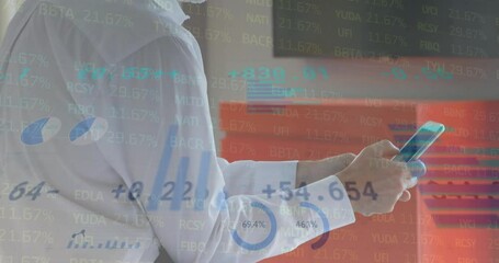 Poster - Animation of financial data processing over caucasian businessman using smartphone