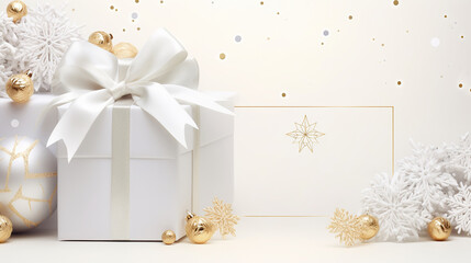 Wall Mural - Subdued white Christmas ambiance with a gift decorated in a golden bow. Gold Christmas ornaments and snowflakes create a festive spirit, featuring a graphic golden frame for text on the side.