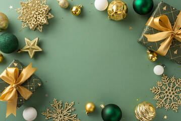 Wall Mural - Elegant greeting card layout for New Year's theme. Overhead shot featuring gifts tied with bows, opulent ornaments, snowflakes, shining star, sequins, green canvas, creating stylish border for message