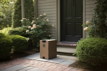 Convenient home delivery. Person delivering brown cardboard box to front door of house. Online shopping experience. Doorstep of parcel conveniently shipped and ready for unboxing