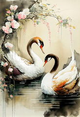 Traditional oriental bird painting, japanese and chinese style. Two swans swimming on pond under the blooming tree branch.