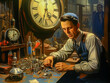 man with clock in the 1920s on watchmaking workshop