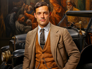 portrait of a man in a 1920s suit with car in the background